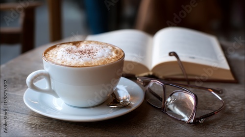 Cappuccino Coffee with Book and Glasses on Wooden Table