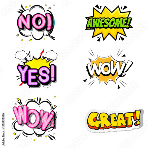 Vibrant vector comic words like CRACK!, BAM!, OOPS!, and OH NO! in explosive bubble styles. Pop art effects perfect for humor, action, and comic book projects.