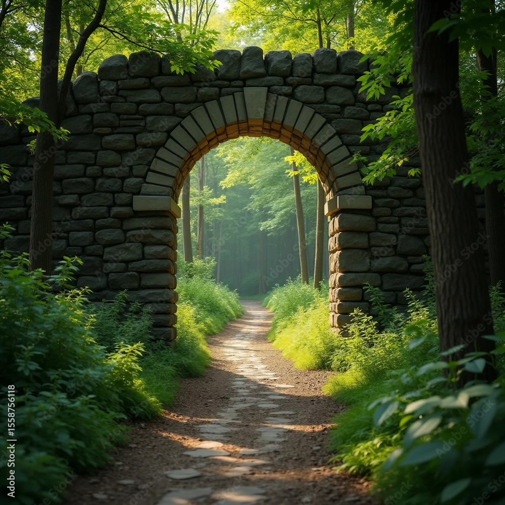 Obraz premium Stone Archway Leading to a Sunlit Forest Path