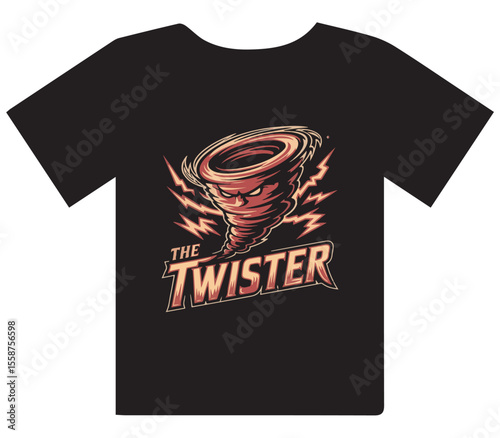 Angry Cartoon Twister T-Shirt Design – 'THE TWISTER' Text with Lightning Bolt Graphic