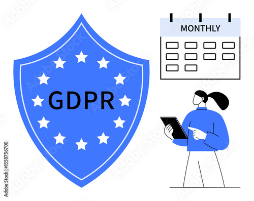 GDPR shield with stars, monthly calendar, and woman holding tablet. Ideal for privacy policy, data protection, legal compliance, digital ethics, regulation awareness, corporate security simple