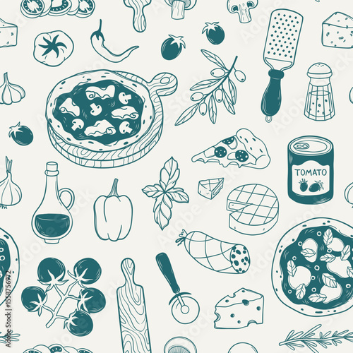 Hand drawn doodle seamless pattern of Italian pizza elements. Linear background with Italian traditional dish in sketch style. Vintage design for poster, print, packaging, menu, wrapping paper