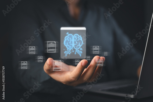 machine learning interface shows entrepreneur reviewing document metrics in coworking space, revealing automated insights and how cloud analytics boosts results