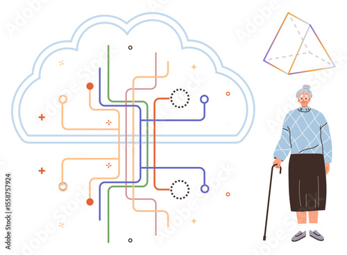 Elderly woman with cane alongside cloud-shaped circuit lines and geometric shape. Ideal for aging, technology, innovation, connectivity, digital transformation, modern solutions, simple flat metaphor