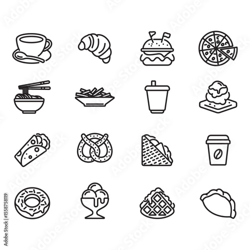 Coffee shop food and drink related icons set. Thin line style vector. Contains icons such as waffles, ice cream, coffee and more.