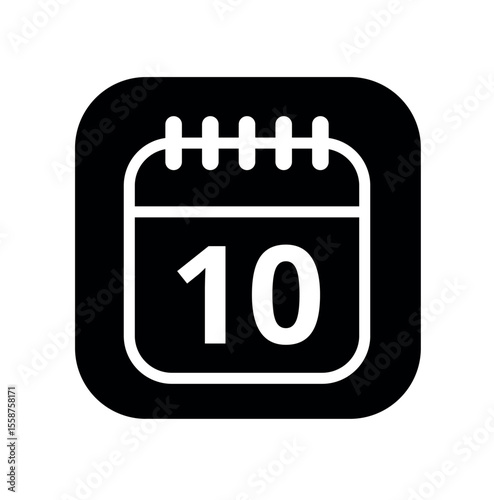 White hollowed out calendar icon isolated on black background for websites and graphic resources. Calendar flat icon with specific day marked, day 10.