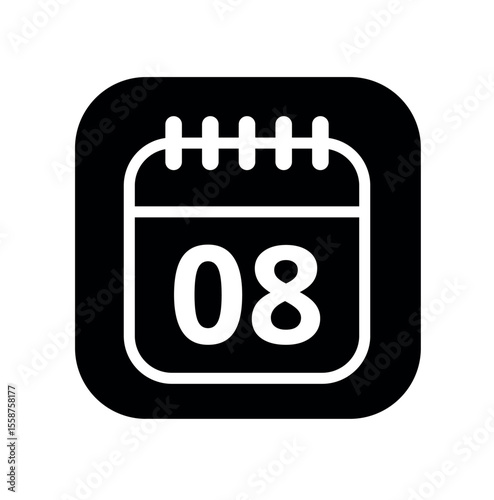 White hollowed out calendar icon isolated on black background for websites and graphic resources. Calendar flat icon with specific day marked, day 08.