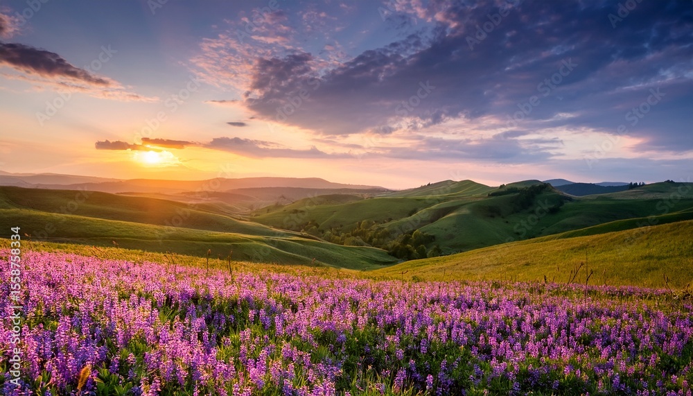 Fototapeta premium peaceful sunset over purple wild flower meadow in spring blooming season with scenic rolling hills under pastel sky serene romantic evening landscape