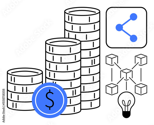 Coin stacks with dollar sign, blockchain connections, sharing icon, and lightbulb symbolizing financial growth, innovation, cryptocurrency, digital economy. Ideal for fintech, startups blockchain