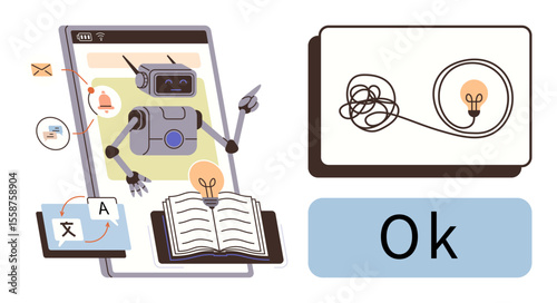 Robot studying books and translating with AI tools, illuminating ideas with lightbulb concept. Ideal for technology, artificial intelligence, education, translation, problem-solving, creativity