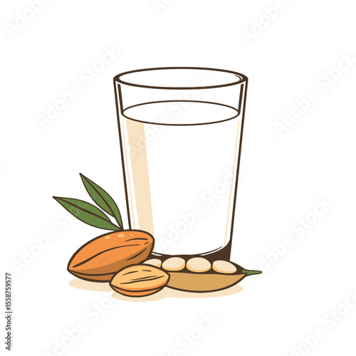 Glass of plant based milk with almonds and soybeans. Vegan non dairy drink illustration. Healthy organic beverage isolated on white background