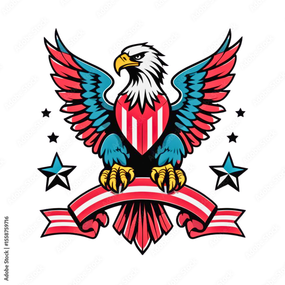 Fototapeta premium Majestic american bald eagle with stars and stripes emblem on black background