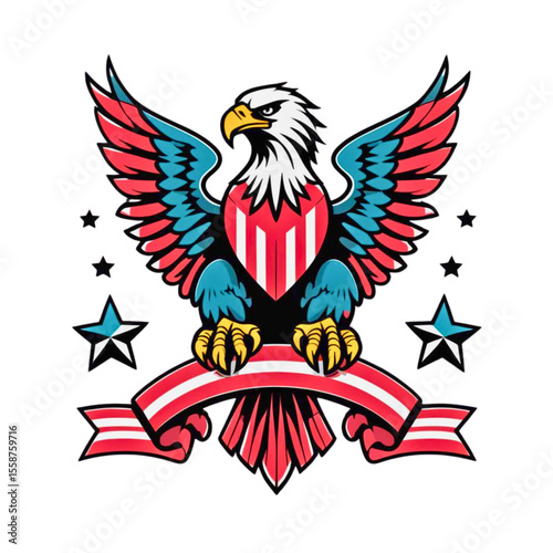 Majestic american bald eagle with stars and stripes emblem on black background