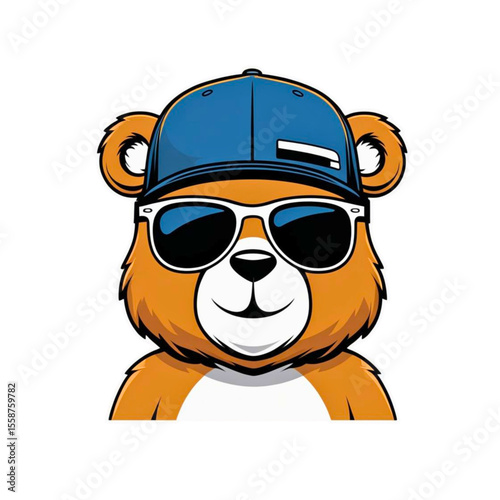 Cool cartoon bear wearing sunglasses and a blue baseball cap with a black background