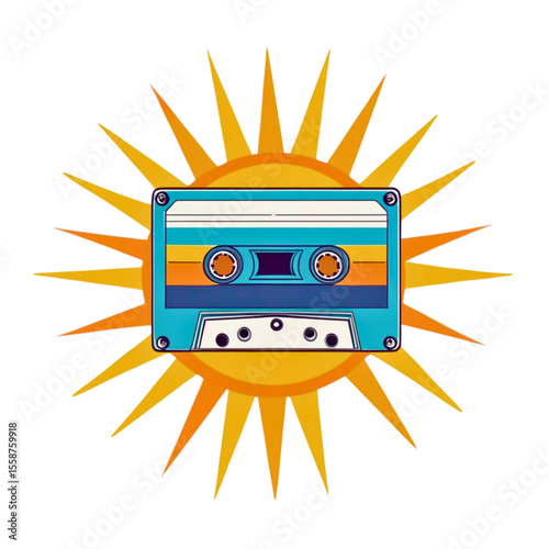 Retro cassette tape glowing like a sun with vibrant rays on a black background