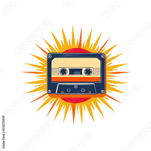 Retro cassette tape with a vibrant sunburst graphic on a black background
