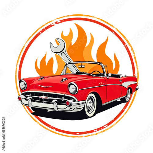 Vintage red convertible car with wrench and flames in a circular emblem for auto repair