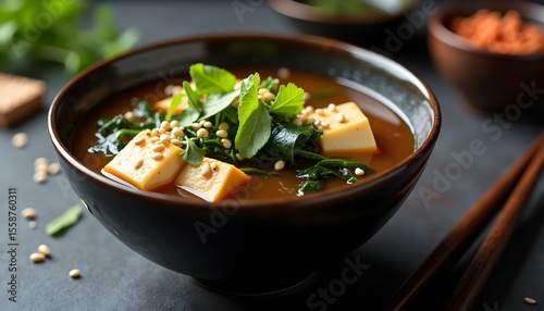 A bowl of miso soup with tofu and greens, accompanied by chopsticks on a dark surface