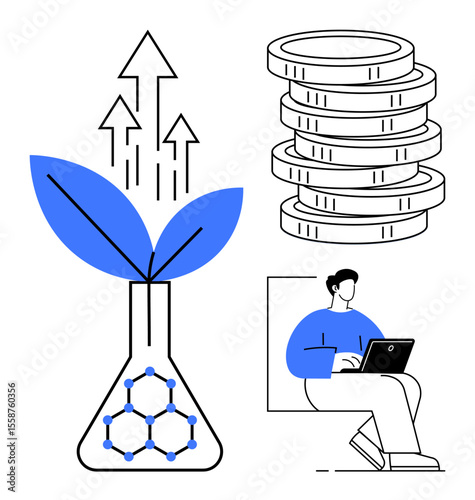 Laboratory flask with a plant and upward arrows, stack of coins, and person working on a laptop. Ideal for business, finance, sustainability, innovation, growth research remote work. Simple flat