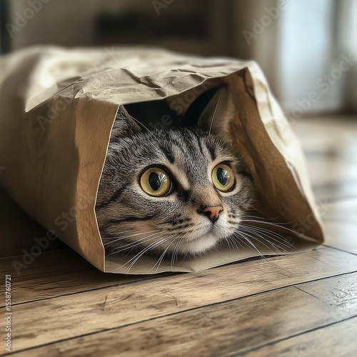 Tabby cat hiding inside paper bag on wooden floor photo