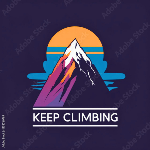 Stylized mountain peak with colorful sunset and motivational text keep climbing