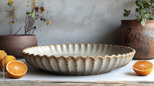Rustic Stoneware Pie Dish On Table high resolution picture