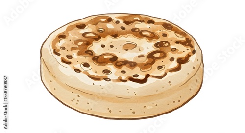 Watercolor Illustration of a Crumpet on White Background