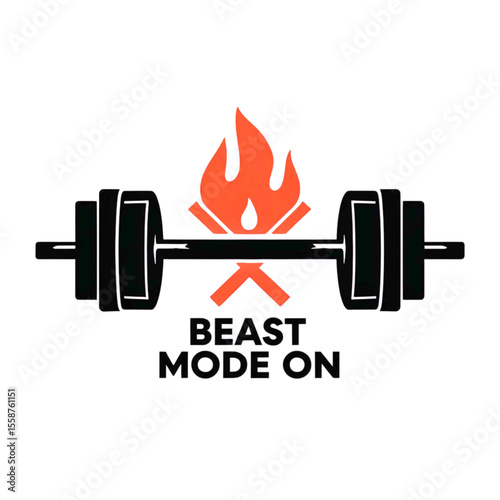 Fitness motivation concept with a barbell and a burning fire symbolizing intense workout and beast mode