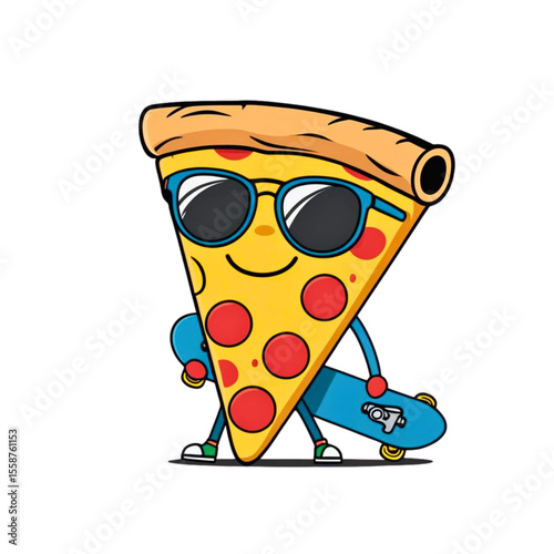 Cool cartoon slice of pepperoni pizza wearing sunglasses and holding a skateboard