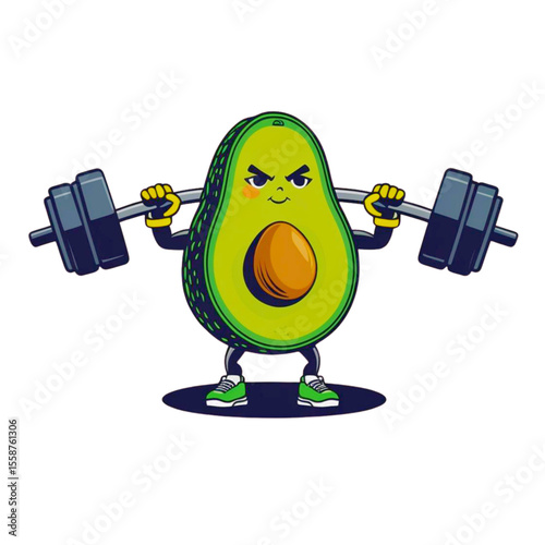 Funny cartoon avocado lifting weights with a determined expression and wearing sneakers