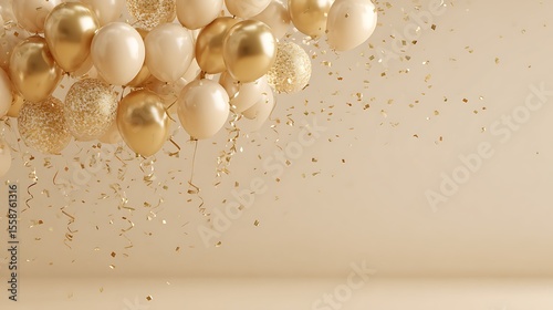 Elegant gold and cream balloons with falling confetti and streamers