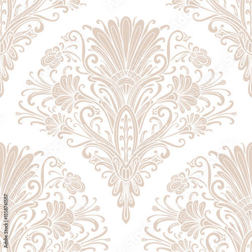 Damask style floral pattern, beige and white colors. Seamless floral pattern-756.