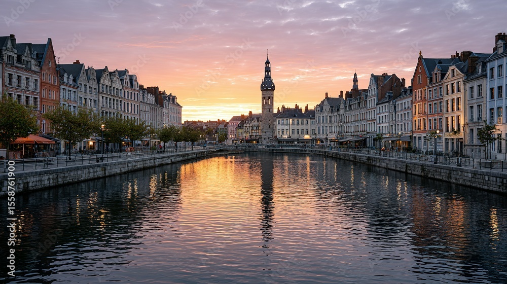 Fototapeta premium European city canal at sunset.