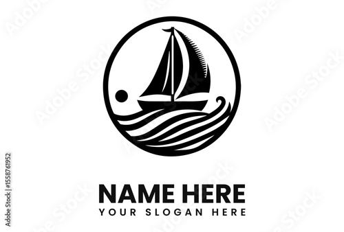A black and white graphic logo featuring a sailboat on wavy water inside a circle.