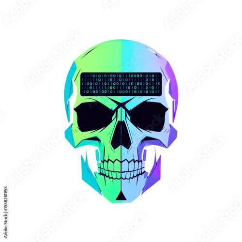 Cyberpunk skull with glowing binary code in its forehead against a black background
