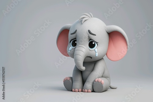 Sad cartoon elephant sitting alone with teary eyes and a heartbroken expression, showing emotion on a plain background in soft lighting.