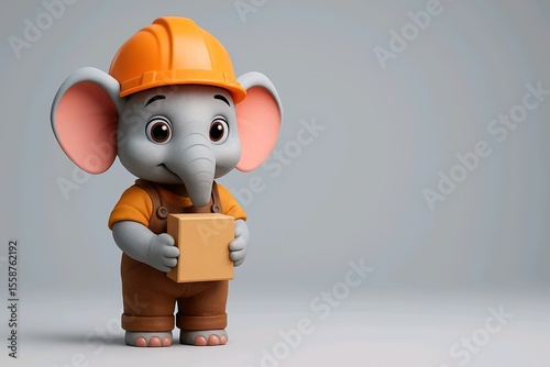 Cute cartoon elephant in a construction helmet holding a box, standing on a plain background with a shy and friendly expression.