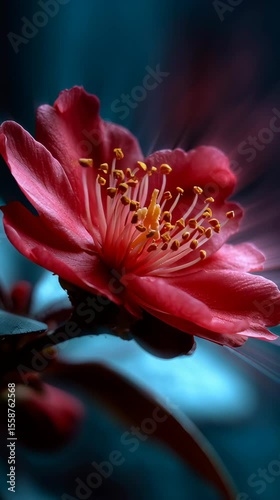 Close-up Macro Shot of Vibrant Red Flower Petals with Yellow Stamens Against Soft Focus Blue Background, Dreamy Floral Bloom, Nature, Beauty, Botany, Romantic Atmosphere for Peaceful Relaxation Scene