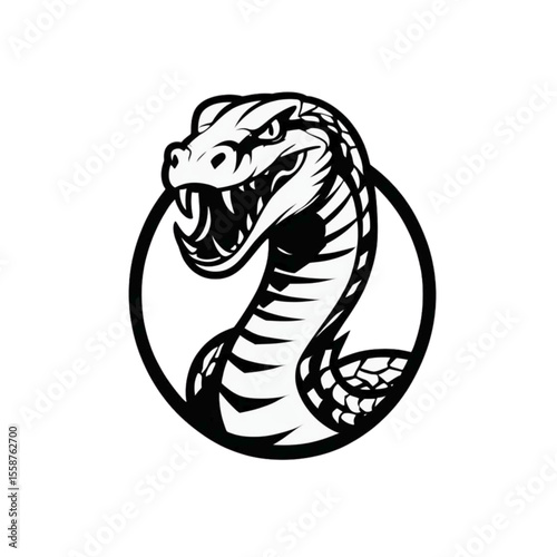 Aggressive cobra snake head with fangs bared in a black and white emblem style