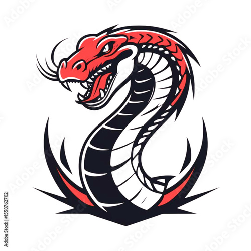 Aggressive red and black viper snake head emblem with fangs and spikes on black background