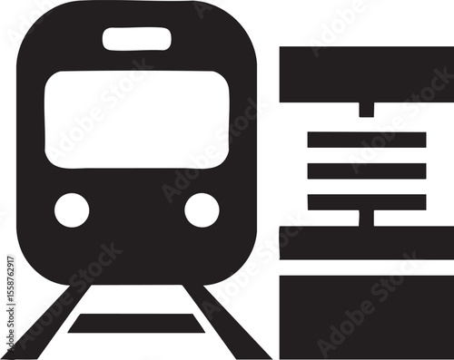 Modern Train Station Icon Vector: Public Transportation Symbol with Train and Platform on Transparent Background for Transit Maps and Urban Planning Designs