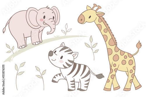 Cartoon Jungle Animal Vector Set Adorable Baby Elephant Illustration for Children