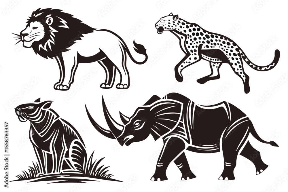 Obraz premium Safari Animal Vector Icon Set Lion Elephant and Other Wildlife Illustrations