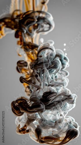 Abstract Smoke Ink Swirling Dynamic Liquid Art in Water Slow Motion Fluid Explosion on Grey Background, Mixed Black White Brown Paint Cloud, Creative Flowing Motion Design, Artistic Atmospheric Chaos