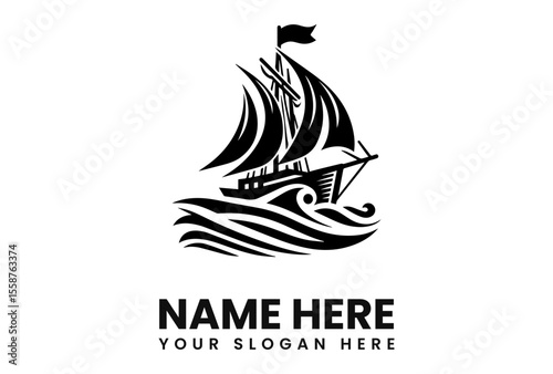 A stylized black and white logo featuring a sailing ship navigating wavy seas.
