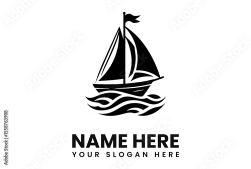 A stylized black and white illustration of a sailboat sailing on waves.