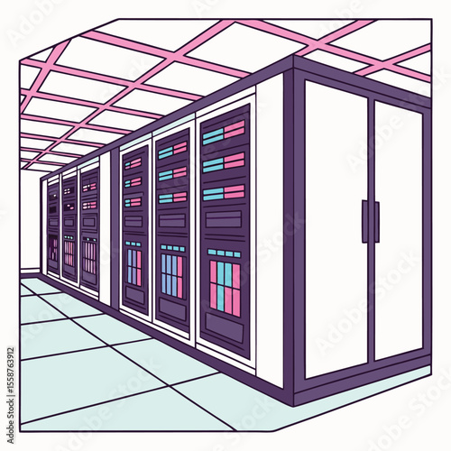 Retro Server Room Illustration with Racks and Ceiling Grid Vaporwave Aesthetic a Nod to Technological Nostalgia
