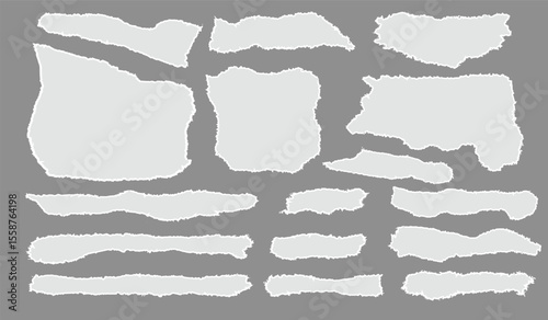 Torn Paper. White ripped paper strips collection. Realistic paper scraps with torn edges. torn paper pieces in various shapes. Decoration ornament art. Sticky notes 
