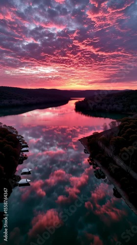 Stunning Aerial View of Serene River Valley at Colorful Sunset with Dramatic Cloud Reflections and Silhouette of Surrounding Forest Hills in Peaceful Natural Landscape for Relaxation and Meditation
