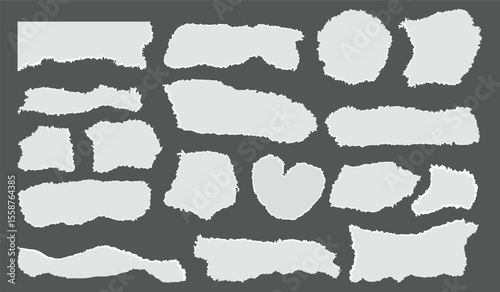 Torn Paper. White ripped paper strips collection. Realistic paper scraps with torn edges. torn paper pieces in various shapes. Decoration ornament art. Sticky notes 
